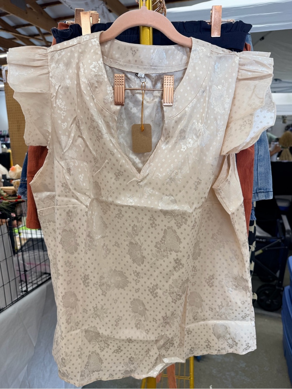 Women's Cream V-Neck Flutter Sleeve Top